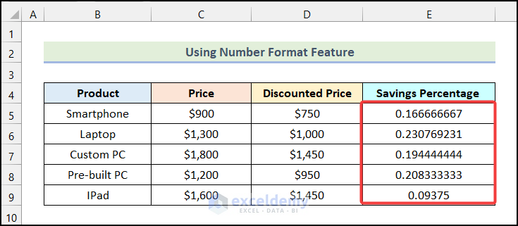 Using Number Format Feature to calculate savings percentage in excel