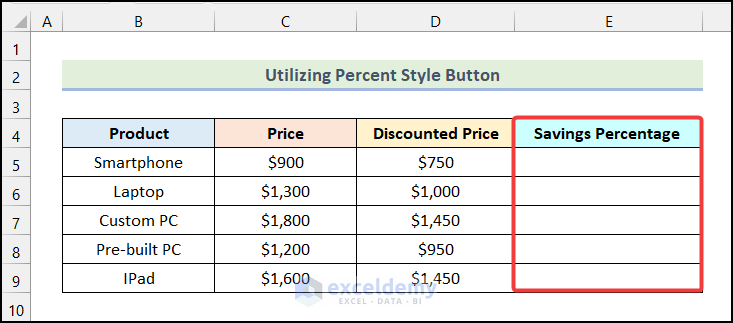 Utilizing Percent Style Button to calculate savings percentage in excel