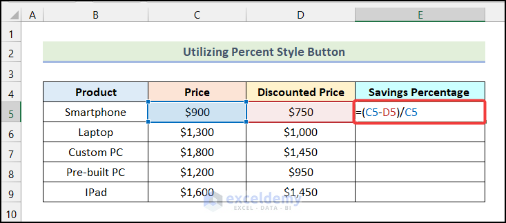 Calculate Fraction of Discount to calculate savings percentage in excel