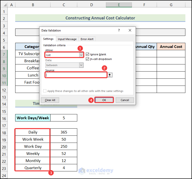 Creating drop-down list to Create an Annual Cost Savings Calculator in Excel 