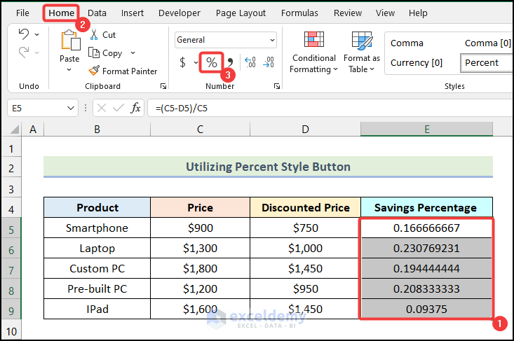 Convert to Percentage Format to calculate savings percentage in excel