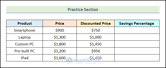 Practice section to calculate savings percentage in excel