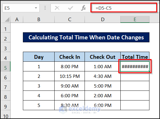 calculate total time in excel date change error
