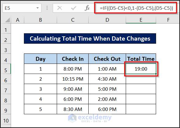 calculate total time in excel when a new date comes