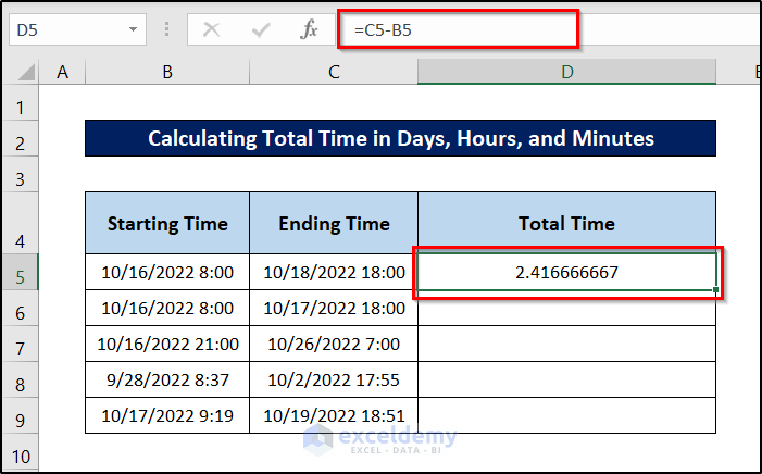 day difference only while calculating total time in excel