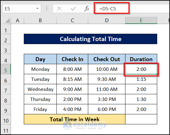 calculate total time in excel duration formula