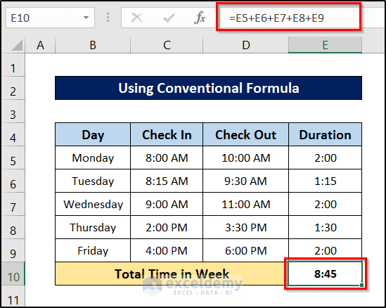 calculate total time in excel using conventional formula
