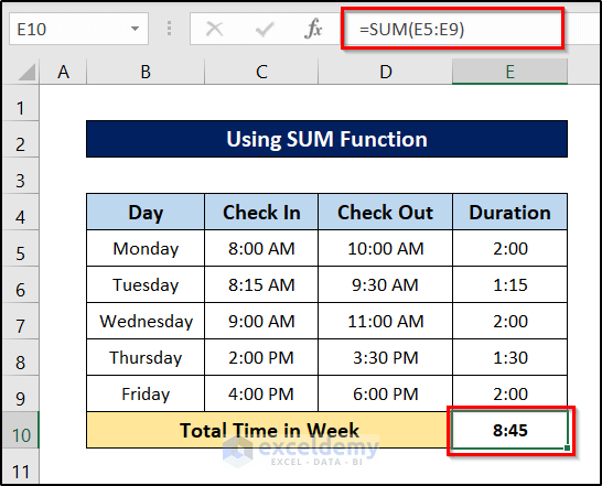 calculate total time in excel using sum function