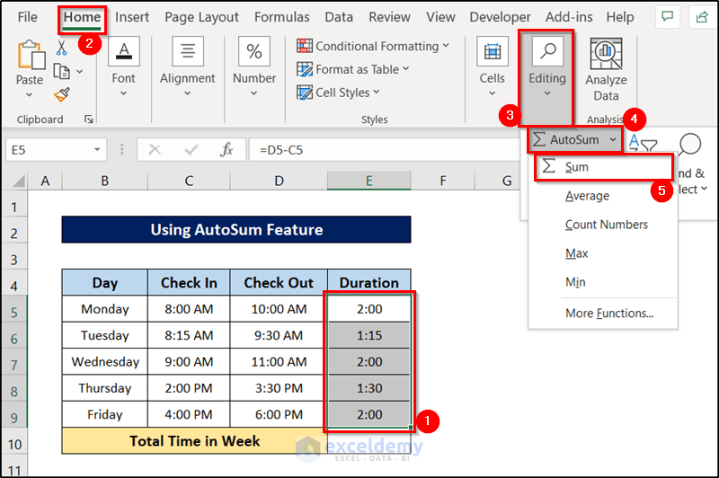 calculate total time in excel using autosum feature