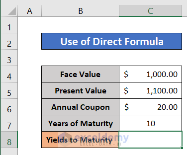 Use Direct Formula to Calculate YTM of a Bond in Excel