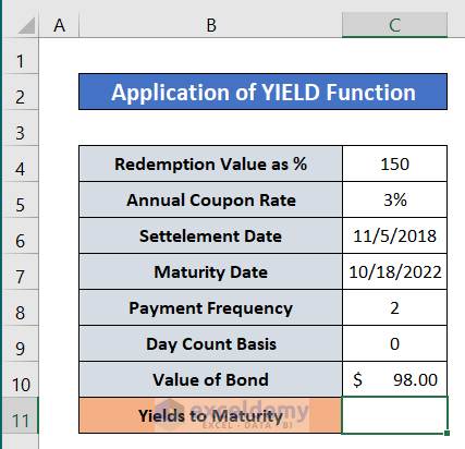 Apply YIELD Function to Calculate YTM of a Bond in Excel