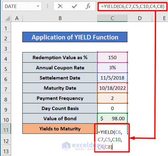 Apply YIELD Function to Calculate YTM of a Bond in Excel