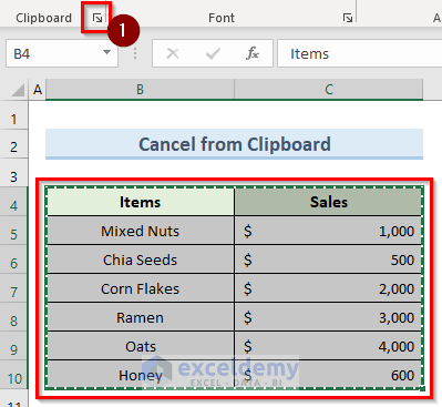 using clipboard to cancel moving border in excel