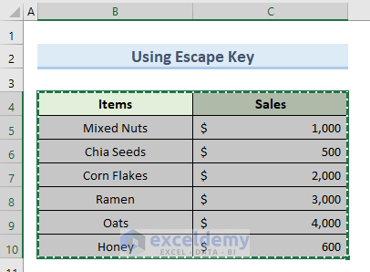 using escape key to cancel moving border in excel