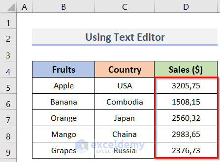 Use Text Editor to Change Decimal Separator in Excel