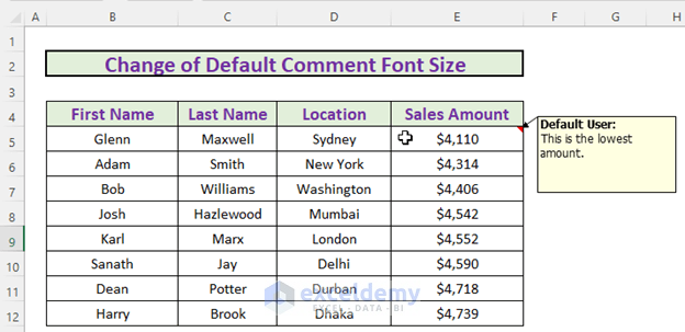 how to change default comment font size in excel