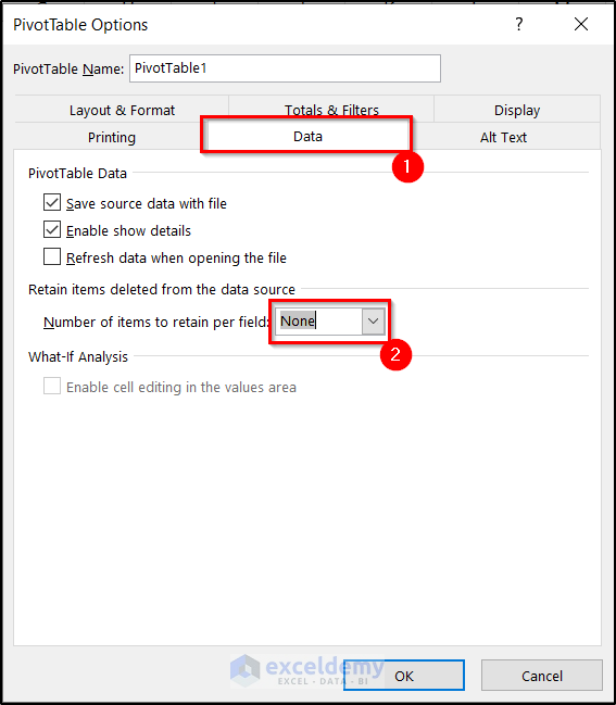 pivottable options to clear cache in excel