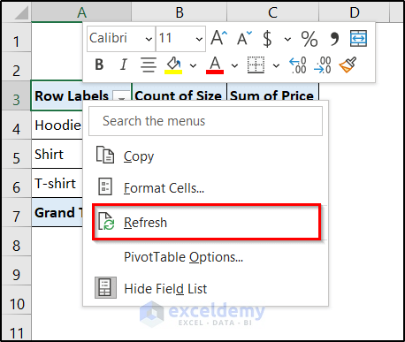 refreshing to clear excel cache after changing settings