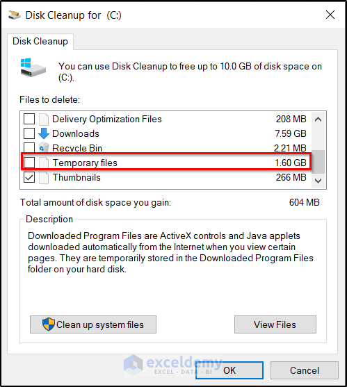 how to clear excel cache by removing temporary files from disk cleanup