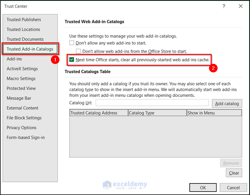 how to clear excel cache using trust center settings