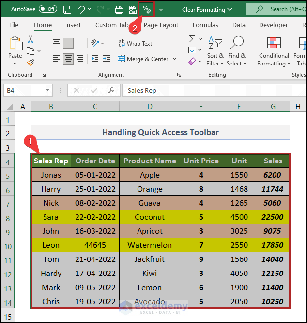 Handling Quick Access Toolbar to clear formatting in excel