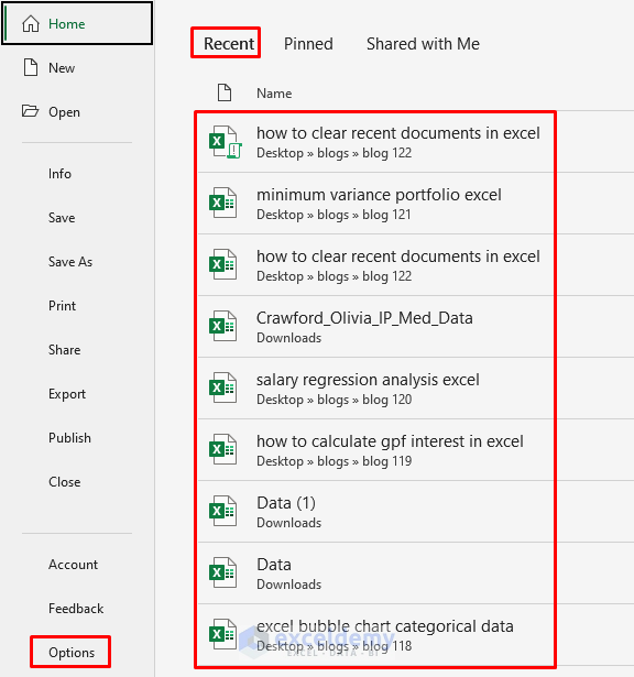 Using Excel Options Feature to Clear Recent Documents