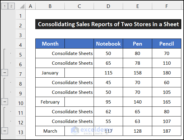 Consolidating Sales Reports of Two Stores in a Sheet in Excel
