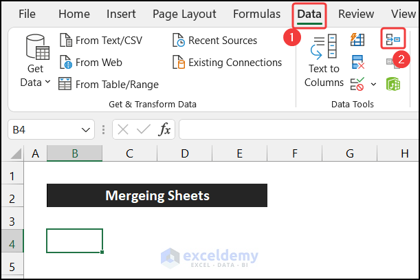 Opening Consolidate Dialog Box to Merge or Consolidate Sheets