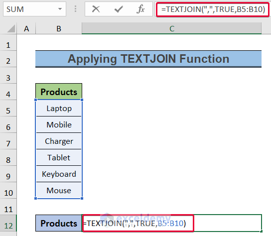 inserting textjoin function to show how to convert column to text with delimiter in excel