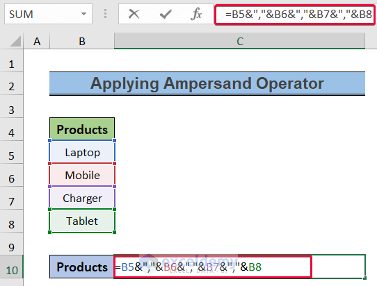 using ampersand operator to show how to convert column to text with delimiter in excel