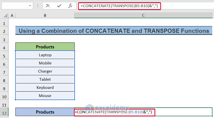 combining concatenate and transpose functions to show how to convert column to text with delimiter in excel