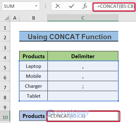 typing cotcat function to show how to convert column to text with delimiter in excel