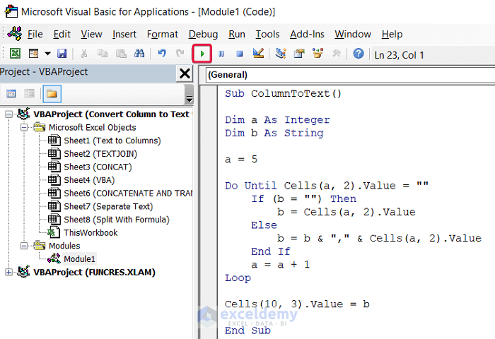 running vba code to show how to convert column to text with delimiter in excel