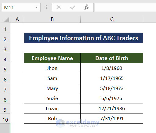 Dataset of how to convert date of birth to age in excel