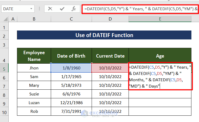 Convert Date of Birth to Age in Excel Using DATEDIF Function