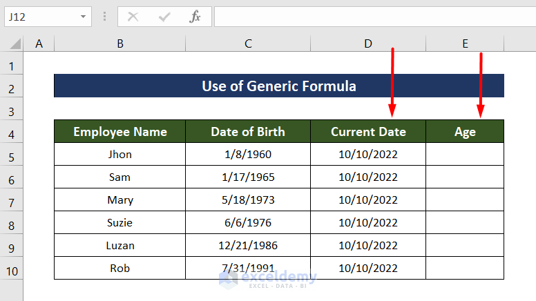 Use of Generic Formula to convert date of birth to age in excel