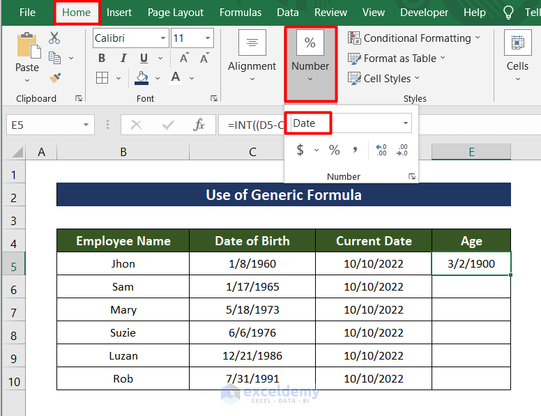 Use of Generic Formula to convert date of birth to age in excel