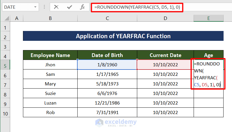Application of YEARFRAC Function to Convert Date of Birth to Age in Excel
