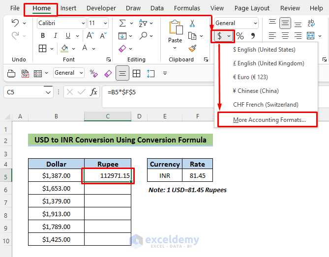 general format can be converted into Rupee by changing the format