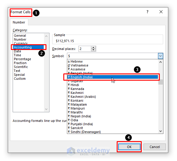 From Category, we will select Accounting and in the drop-down menu of Symbol, we will select English(India)