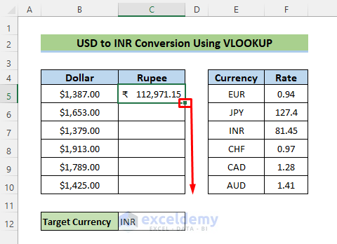 Change Dollar Currencies to Rupees Using Excel VLOOKUP Function