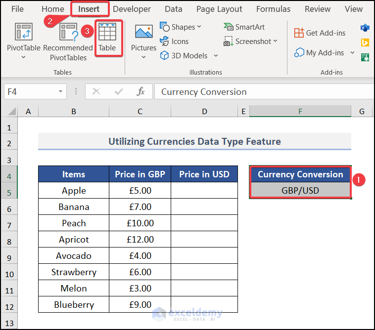 Utilizing Currencies Data Type Feature to convert gbp to usd in Excel