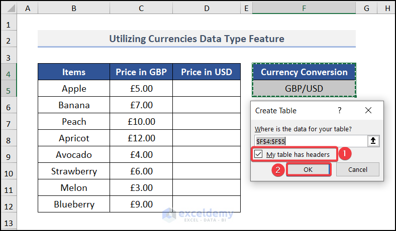 Creating Table to convert gbp to usd in Excel