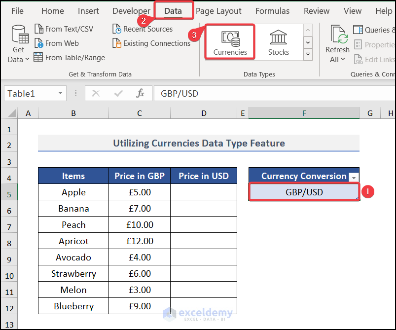 Using Data type feature to convert gbp to usd in Excel