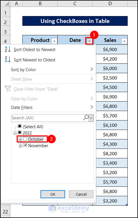convert text filter to date filter in excel using checkboxes
