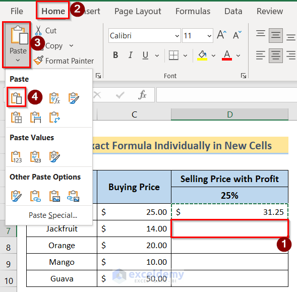 Using Paste Option to Copy a Formula in Excel Without Changing Cell References