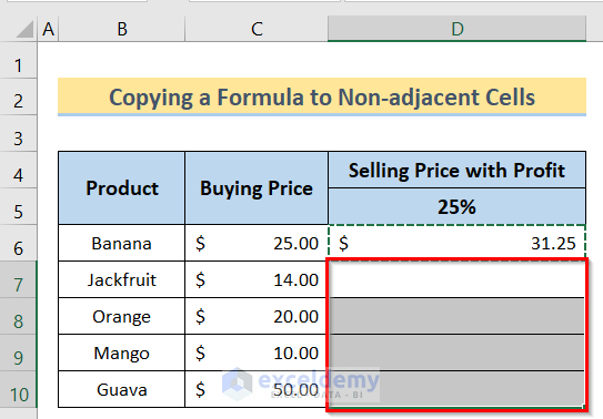 Selecting Desired Cells to Copy a Formula in Excel Without Changing Cell References