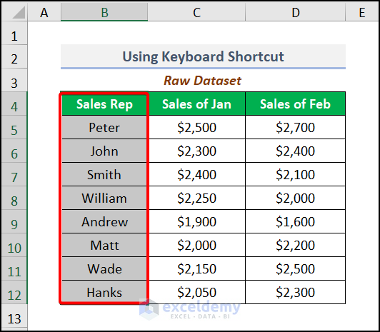 Using Keyboard Shortcut to copy and paste a column in excel