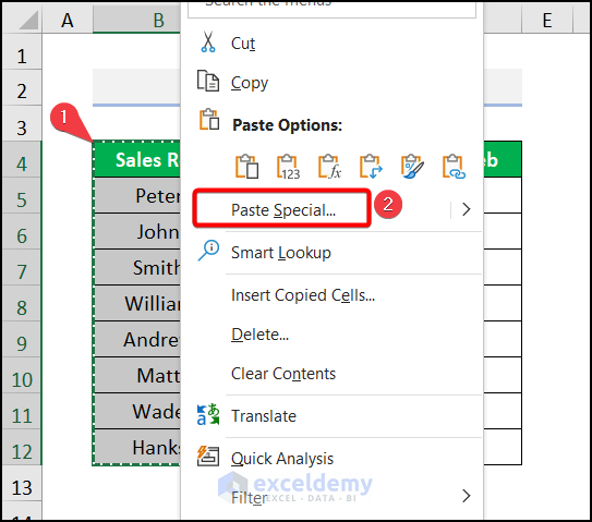 Using Paste Special to copy and paste a column in excel