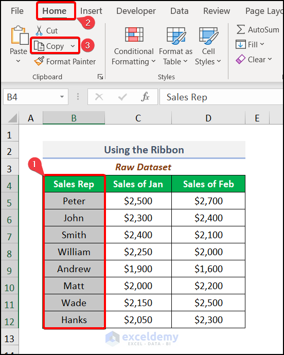 Using the copy option from the ribbon to copy and paste a column in excel